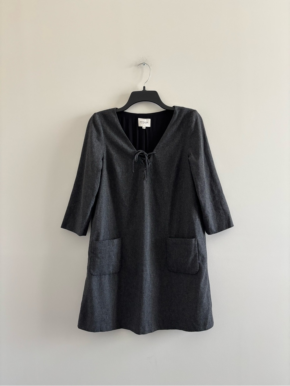 Sezane Mathilde Dress Mini Gray Wool V-Neck Pockets Womens 36 Preppy Minimalist